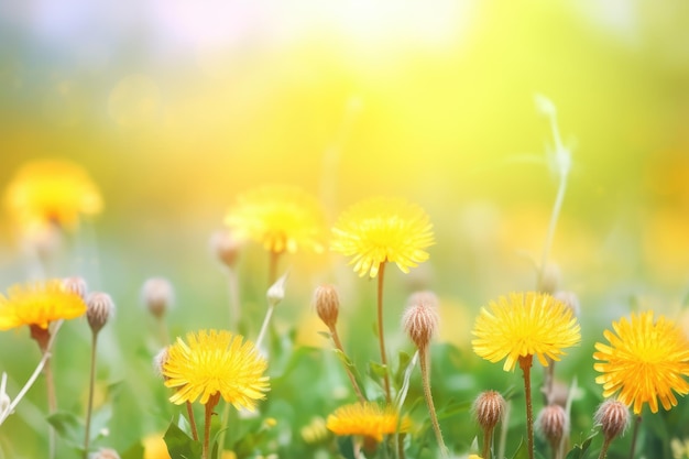 Paardebloemen in een veld waar de zon op schijnt