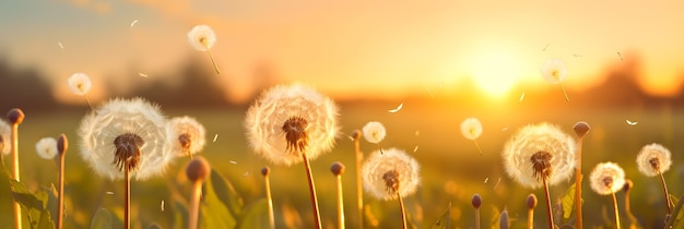 paardebloemen in het gras bij de achtergrond van de zonsondergangaard