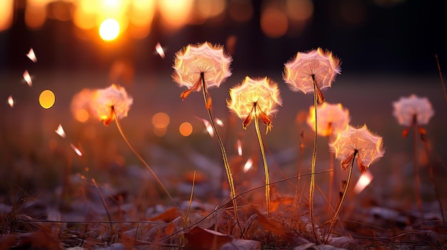 Paardebloemen in het gras bij zonsondergang