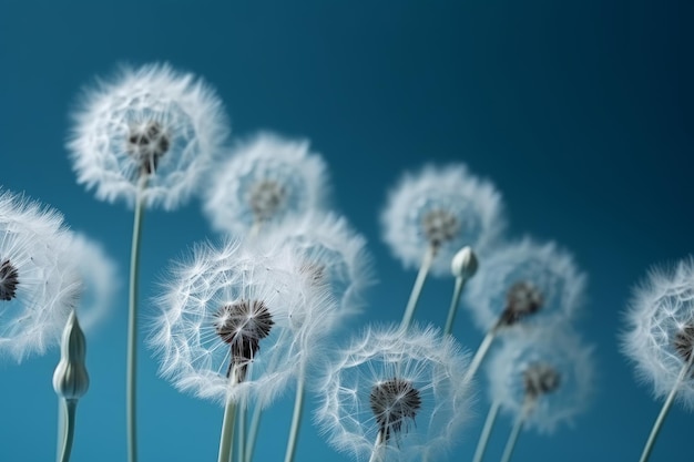 Paardebloemen waaien in de wind tegen een blauwe achtergrond