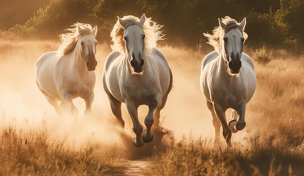 paarden die in het gras en stof rennen in de stijl van donkerwit en lichtbeige