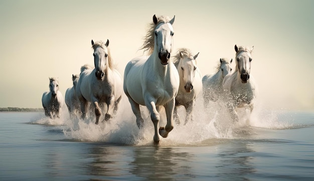 paarden die in het water rennen in de stijl van donkerwit en lichtbeige