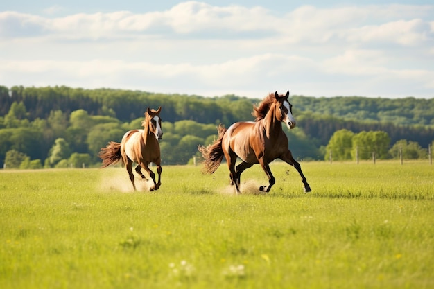 Paarden die samen in een open veld rennen.