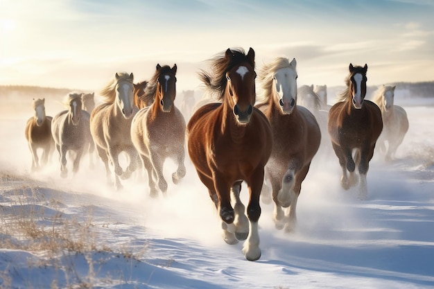 paarden galopperen vrij door een besneeuwd landschap AI generatief