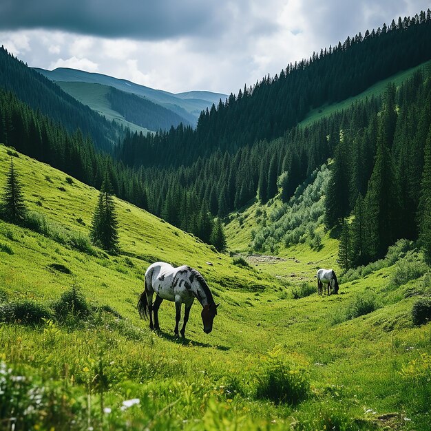 Paarden grazen in de regenkoosde weiden van de Karpaten