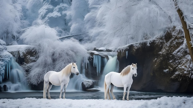 Paarden in de sneeuw bij de waterval