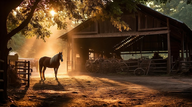 Paarden in de stal bij zonsopgang paarden die uitkijken gouden zonlicht rustiek en authentiek boerderijleven