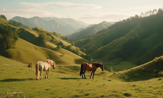 Paarden in een groen veld met bergen op de achtergrond