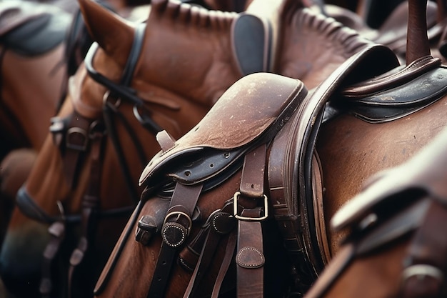 Paarden Polo Zadels Paddock Close-up beeld van polopaarden en pony's in de paddock gezadeld voor een wedstrijd