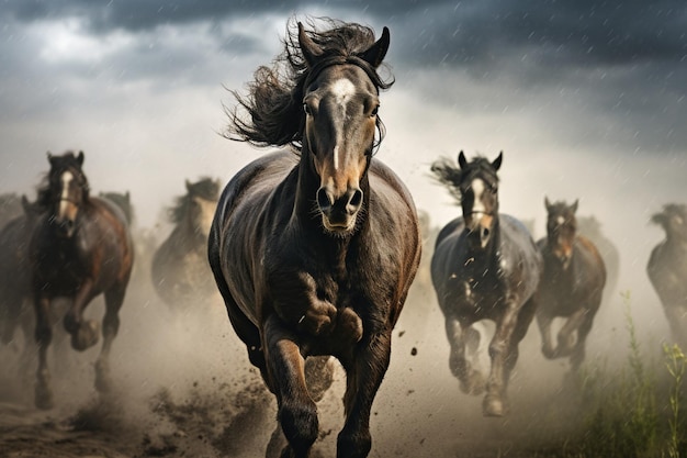 Paarden rennen in de regen met veel wolken.