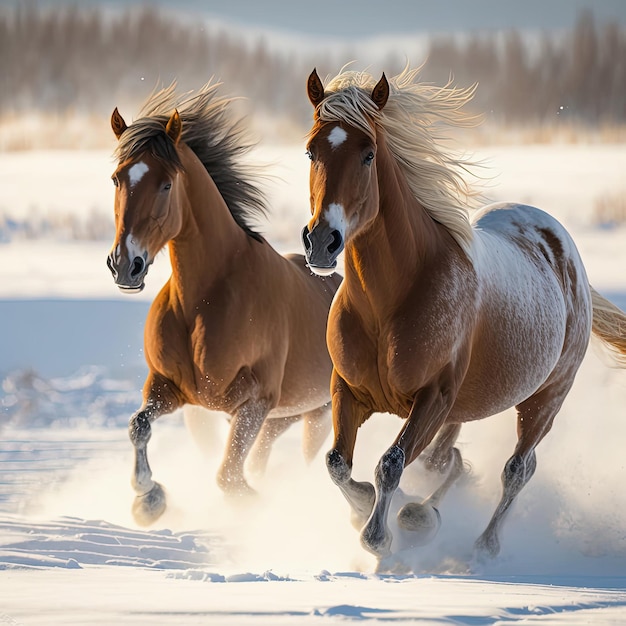 Paarden rennen in de winter Besneeuwd landschap