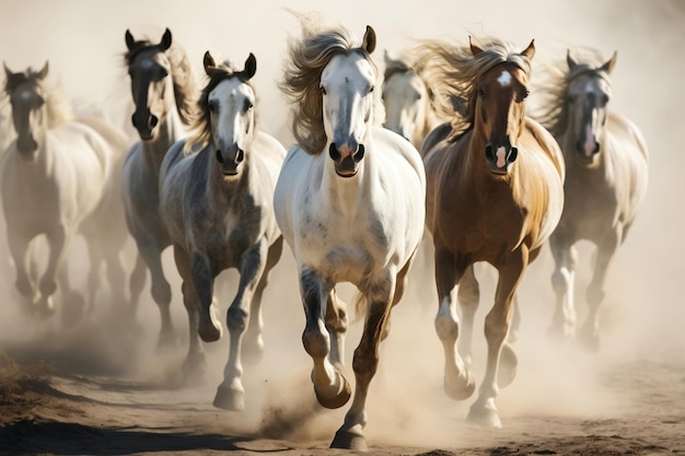 Paarden rennen in een stoffig zomerveld Generatieve Ai