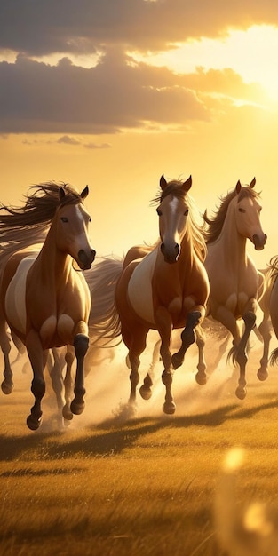 Paarden rennen in galop in de wei bij zonsondergang Mooi landschap