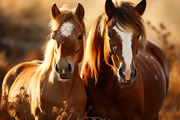 Paarden staan in de gouden zonsondergang