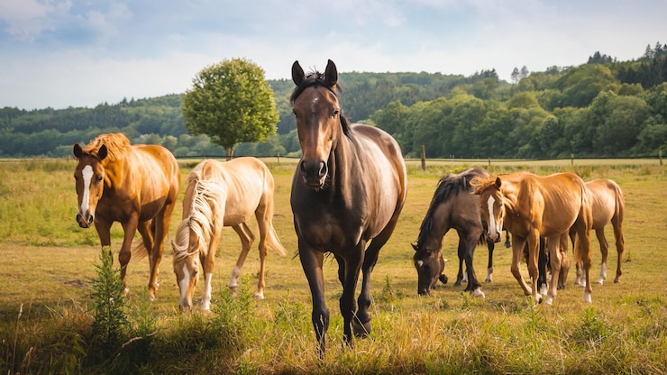 Foto paarden staan in een veld.