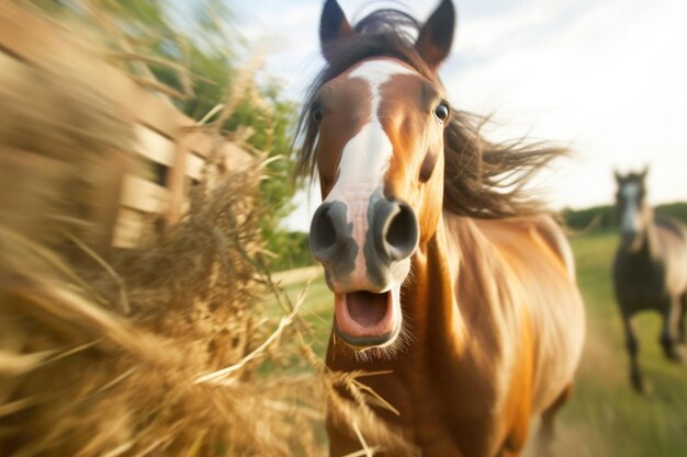 Paarden tanden malen hooi met wazige achtergrond