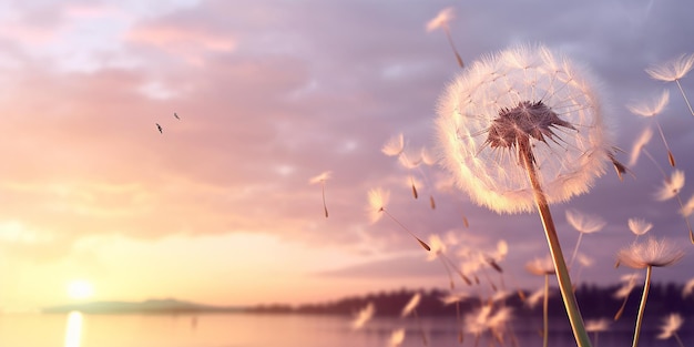 Paardenbloemen vliegen in de lucht en het water is een prachtige zonsondergang.