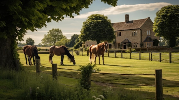 Paardenboerderij met groen landschap