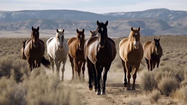 Paardenkudde rennen op de wei tegen een prachtig landschap