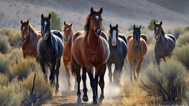 Paardenkudde rennen op de wei tegen een prachtig landschap