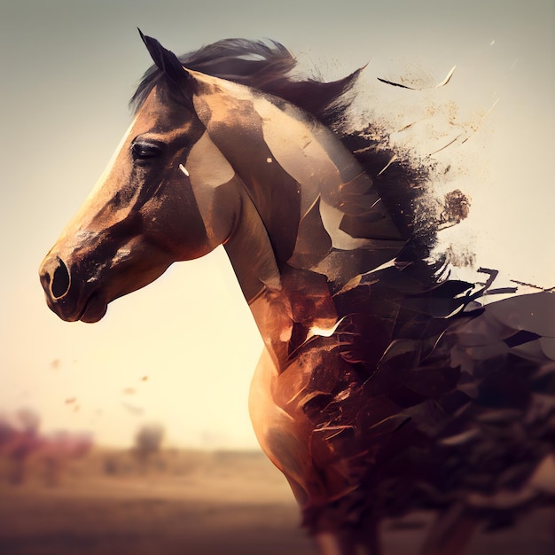 Paardenportret en spatten van verf 3D-rendering