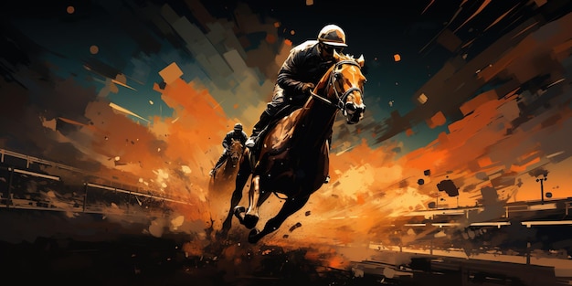 Paardenraces's nachts Digitale illustratie van volbloed en jockey