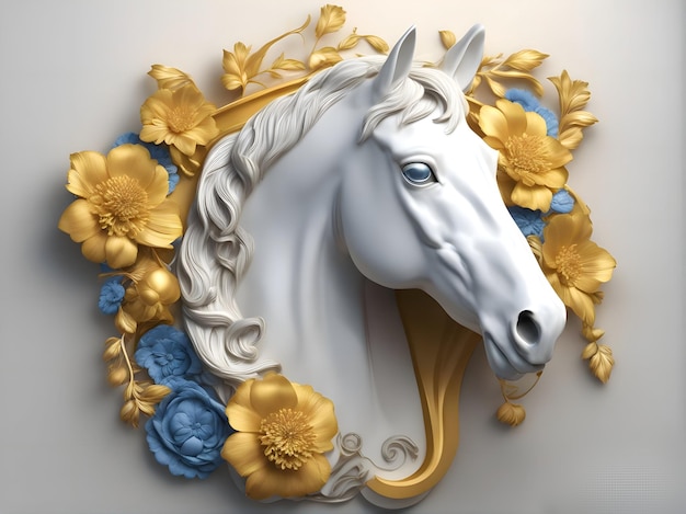 Paardenwandframe bloemen goud en blauw