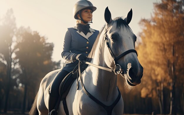 Paardrijderij in uniform paardrijden buiten zonnige dag professionele reclame ai gegenereerd