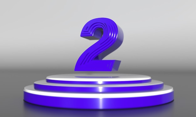 Paars 3D-nummernummer boven drievoudig gouden voetstuk met donkere achtergrond door 3D-rendering