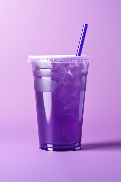Paars drankje in een plastic beker geïsoleerd op een paarse achtergrond Take-away drankjes