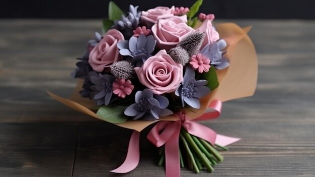 paars en roze boeket met de bloem van de artisjok Mooie bloemen op houten Generatieve AI