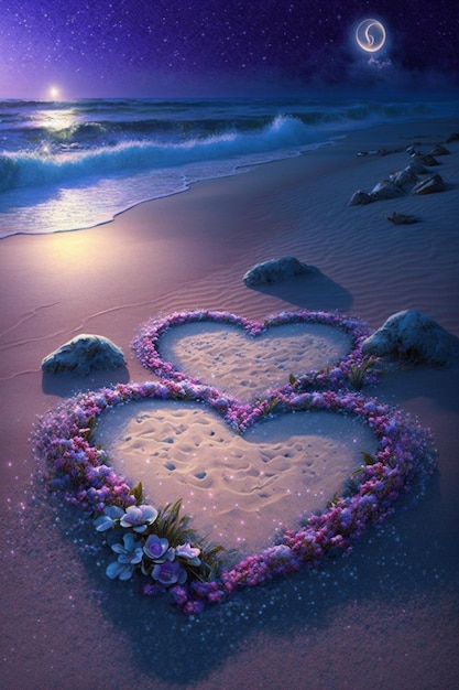 Paars hartvormig bloemstuk op zand met maan op generatieve ai als achtergrond