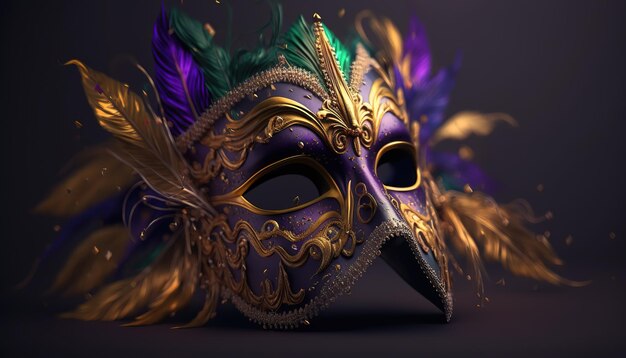 Paars masker met gouden elementen en gekleurde veren Mooi met ontwerp voor carnaval in Brazilië Gelukkig carnaval Brazilië Zuid-Amerika Carnaval AI