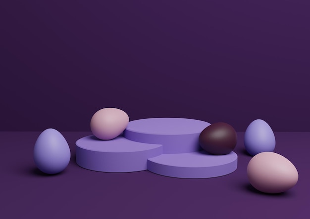 Paarse 3D-weergave van productdisplay met paasthema, podiumstandaard, kleurrijke eieren, minimaal
