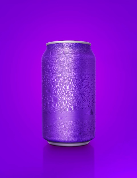 Paarse aluminium blikjes met waterdruppels op een paarse achtergrond