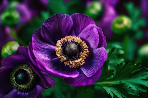 Paarse anemoon in close-up tegen een levendige bloemenachtergrond een boeket levendige bloemen minimalistische stijl groen blad met paarse bloemen