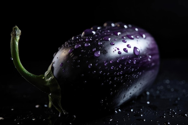 Paarse Aubergine Met Druppels Op Zwarte Gradiënt Achtergrond Panoramische Banner Generatieve AI