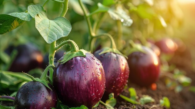 Paarse aubergines groeien in de tuin