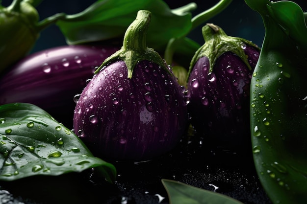 Paarse aubergines op een zwarte achtergrond met waterdruppels