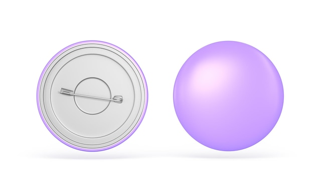 Foto paarse badge cirkel pin knop voor- en achteraanzicht 3d render iconen set realistische mockup van lege ronde magneet of broche lege tag sjabloon geïsoleerd op witte achtergrond