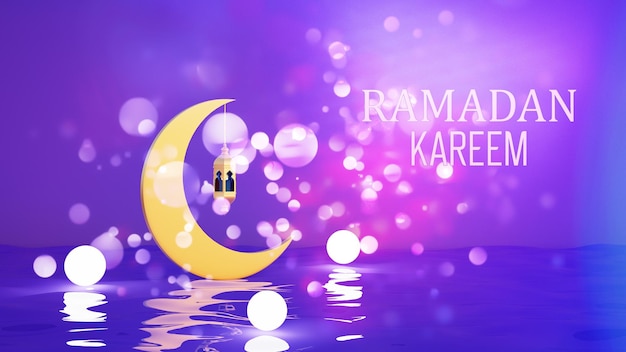 Paarse banner met maan en lantaarn voor moslimvakanties en ramadan d-rendering