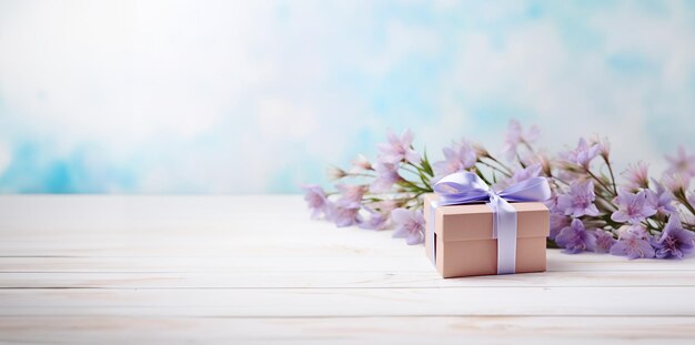 Paarse bloemen en een geschenkdoos op een houten tafel blauwe achtergrond copyspace