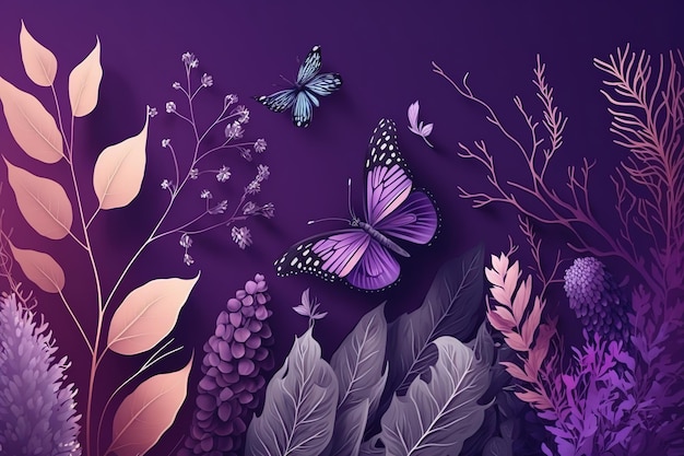 Paarse bloemen en vlinders Mooie minimalistische print voor je decor voor ansichtkaart gefeliciteerd en poster Generative AI