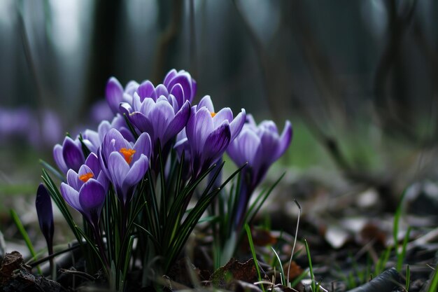 Paarse bloemen groeien uit de grond.