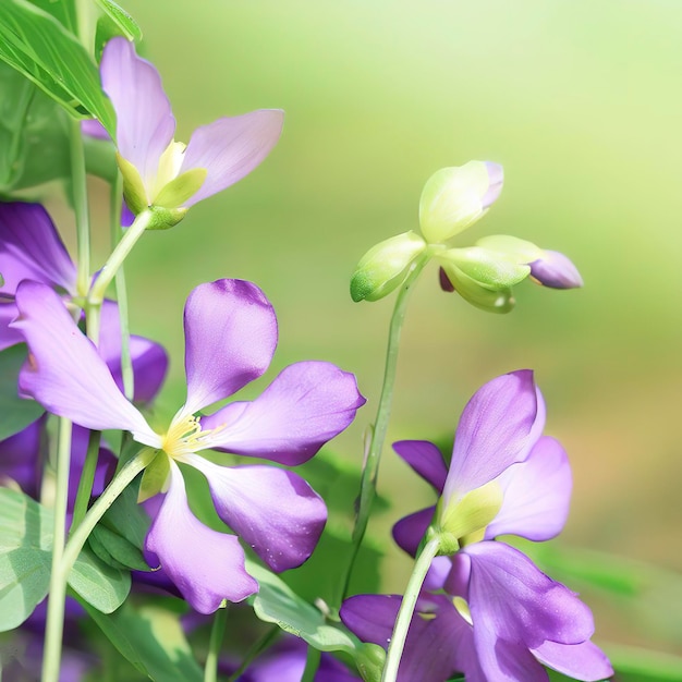 Paarse bloemen groene bladeren en stengels lentezon