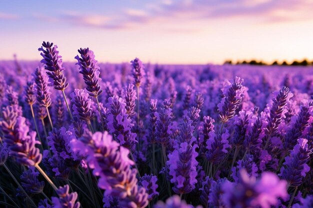 Foto paarse bloemen in een veld met de zonsondergang op de achtergrond