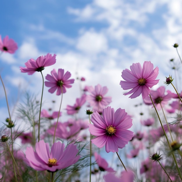 Foto paarse bloemen in een veld met een blauwe hemel op de achtergrond generatieve ai