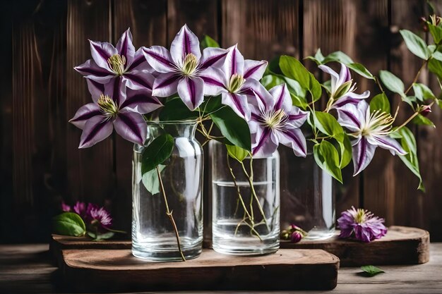 Paarse bloemen in glazen potten op een houten ondergrond.