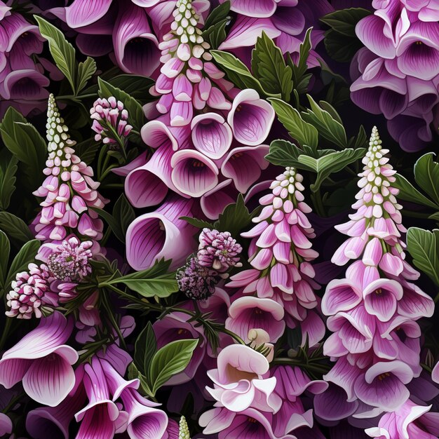 Paarse bloemen met groene bladeren zijn in een veld generatieve ai