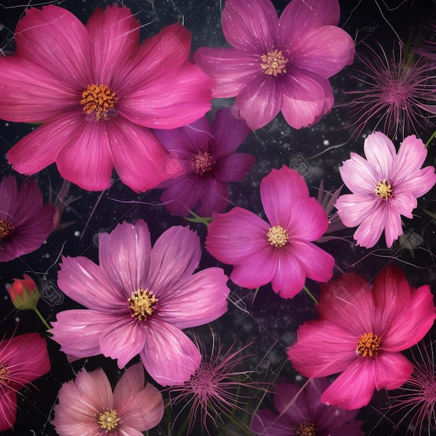 Paarse en roze bloemen staan in een grasveld, generatieve ai